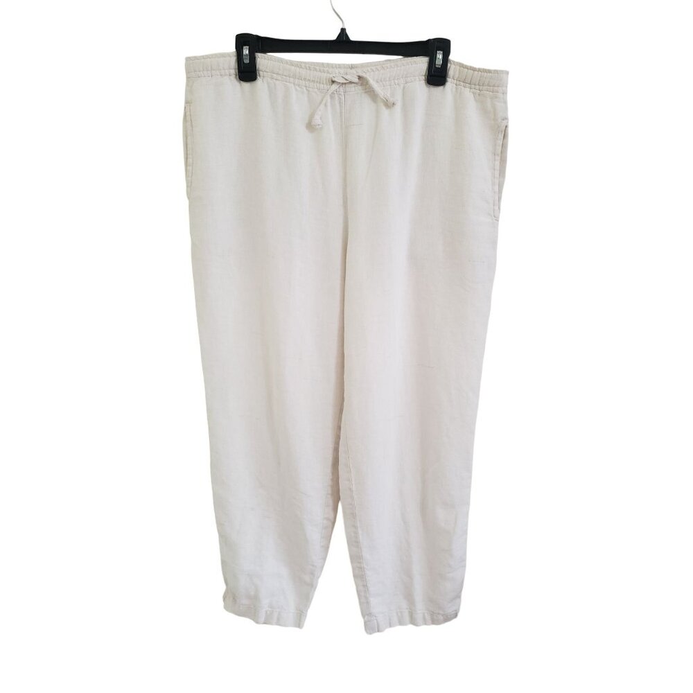 Studio Works Petite PS Beige Linen Capri Pants 100% Linen Drawstring High Rise